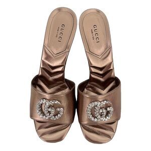 Gucci Marmont EU 37 US 7 Crystal GG Rose Gold Sandals Heels Metallic Nappa New